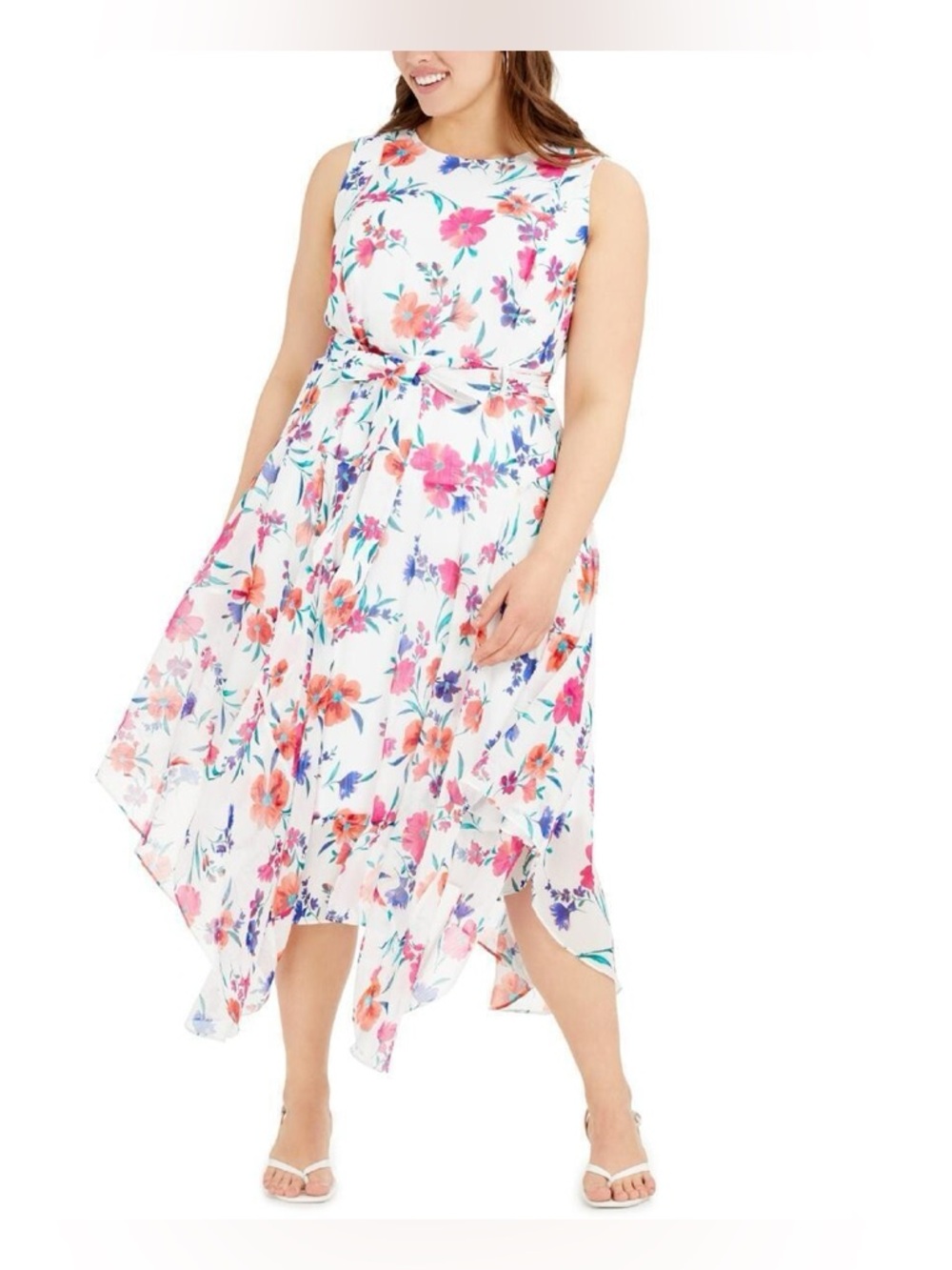 Calvin Klein Floral Belted Chiffon Asymmetrical Handkerchief Midi Dress Size 16W